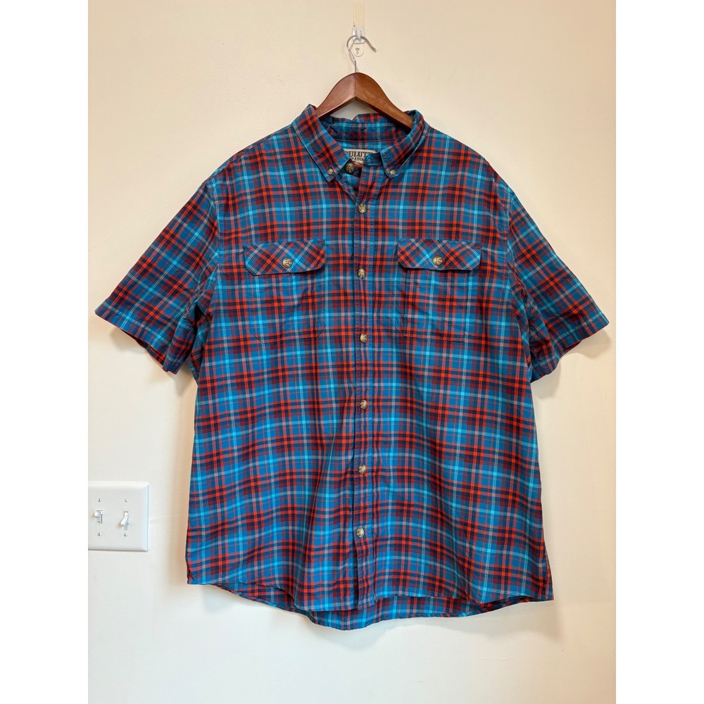 Duluth Trading Co Mens XL Relaxed Fit Plaid Short Sleeve Button Down Shirt Blue